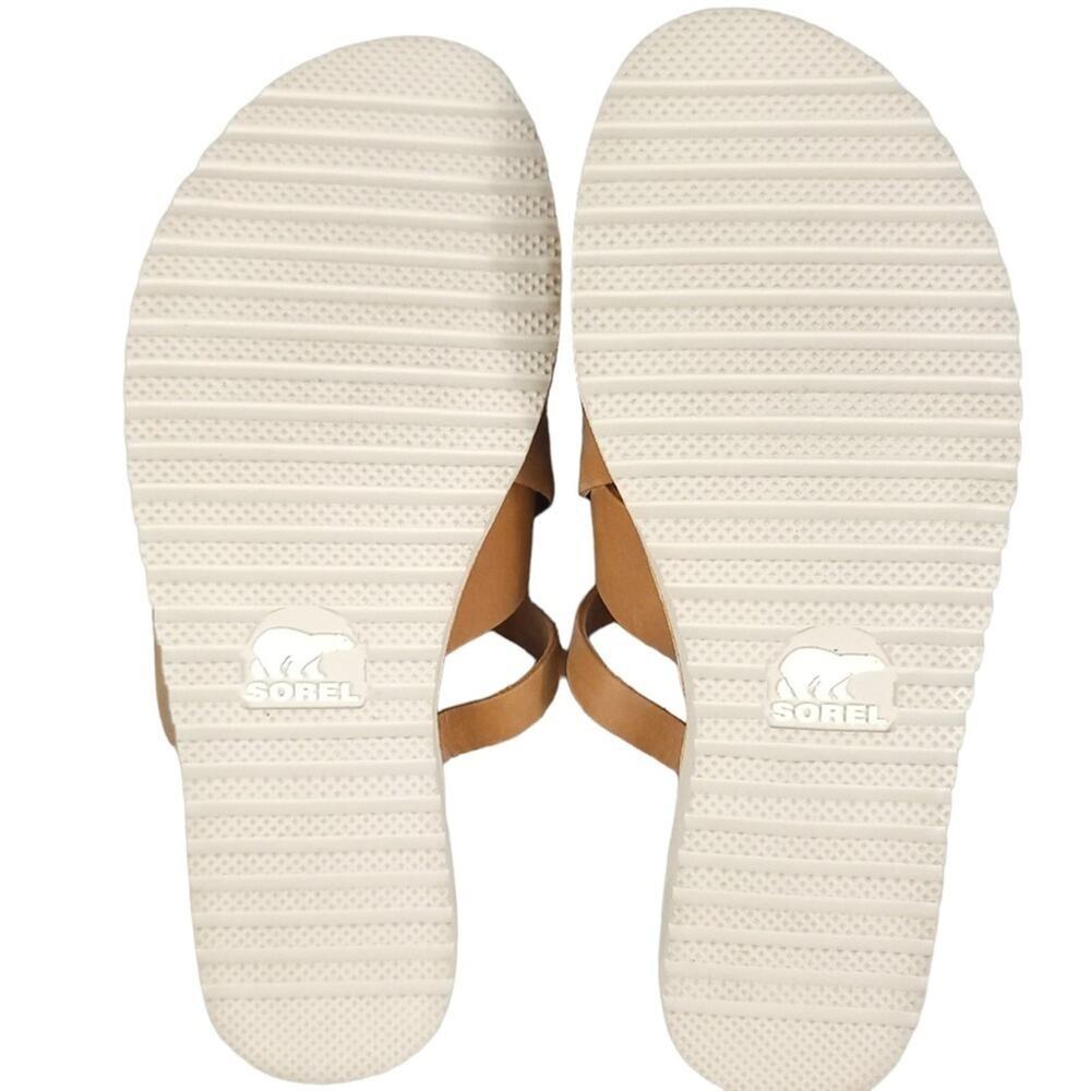 Sorel Ella Slide Sandals in Camel Brown Strappy Leather - Picture 9 of 11